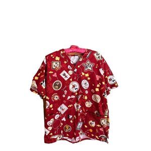 Disney Mickey & Minnie Mouse Scrub Top Medium V-Neck Red Short Sleeve Graphic